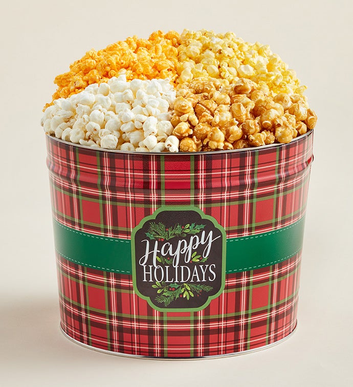 2 Gallon Plaid Happy Holidays 4 Flavor Popcorn Tin